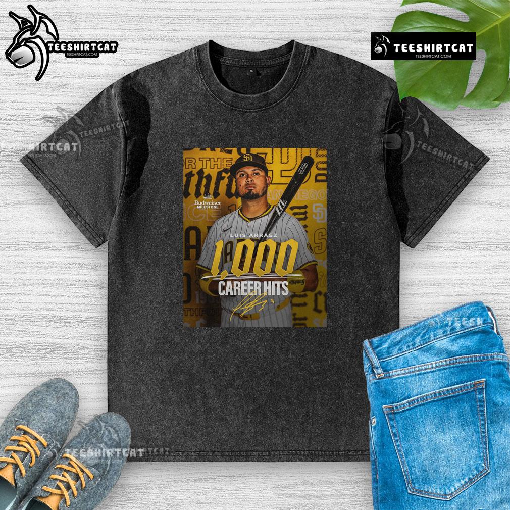 Premium Luis Arraez San Diego Padres MLB 1000 Career Hits signature poster on a washed t-shirt design.