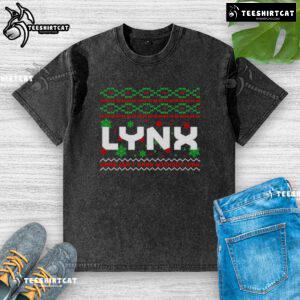 Premium Lynx Ugly Christmas Washed T-Shirt featuring festive designs, perfect for holiday gatherings and winter outings.