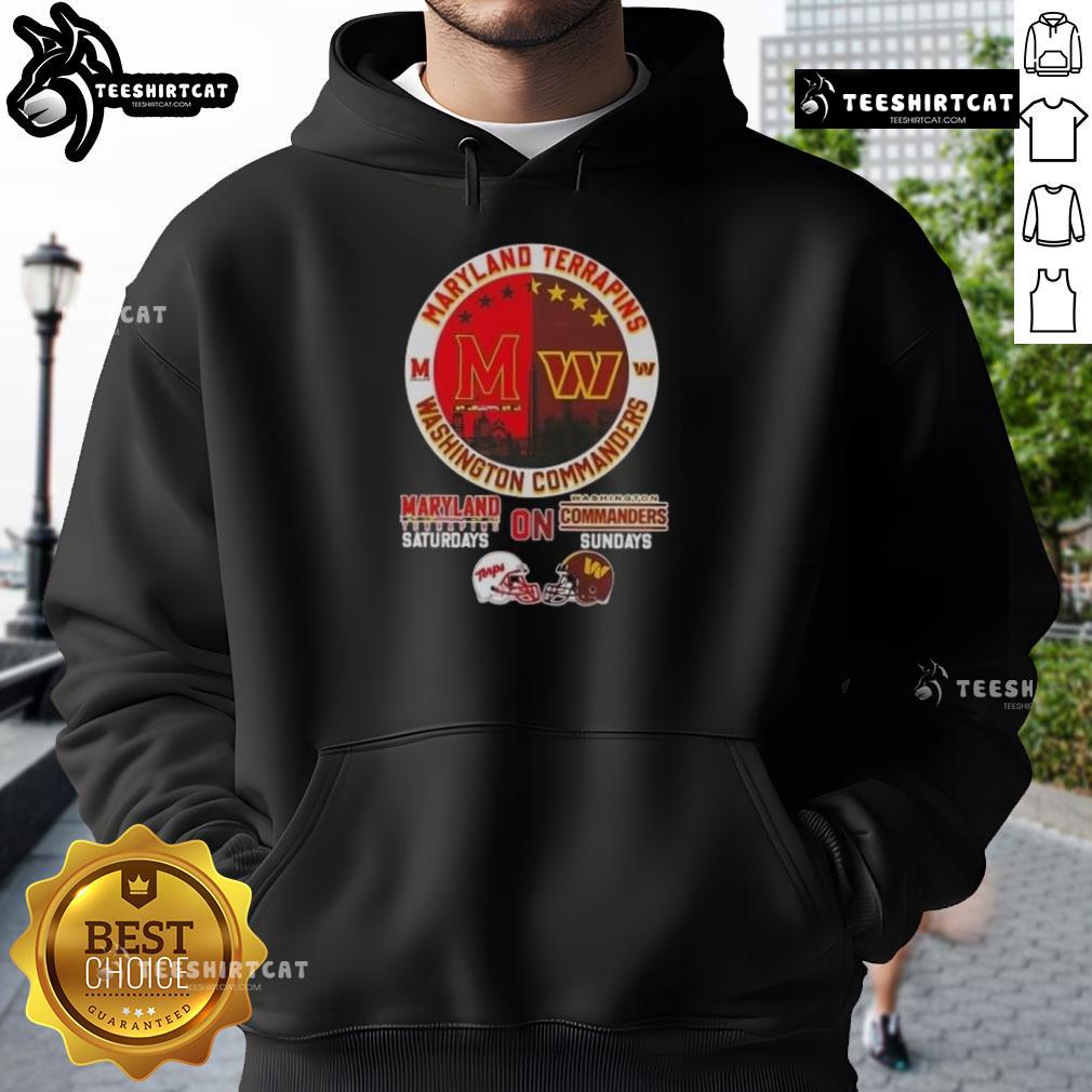 Alt Text: Premium Maryland Terrapins hoodie featuring football helmets and skyline design for Saturdays and Washington Commanders Sundays.