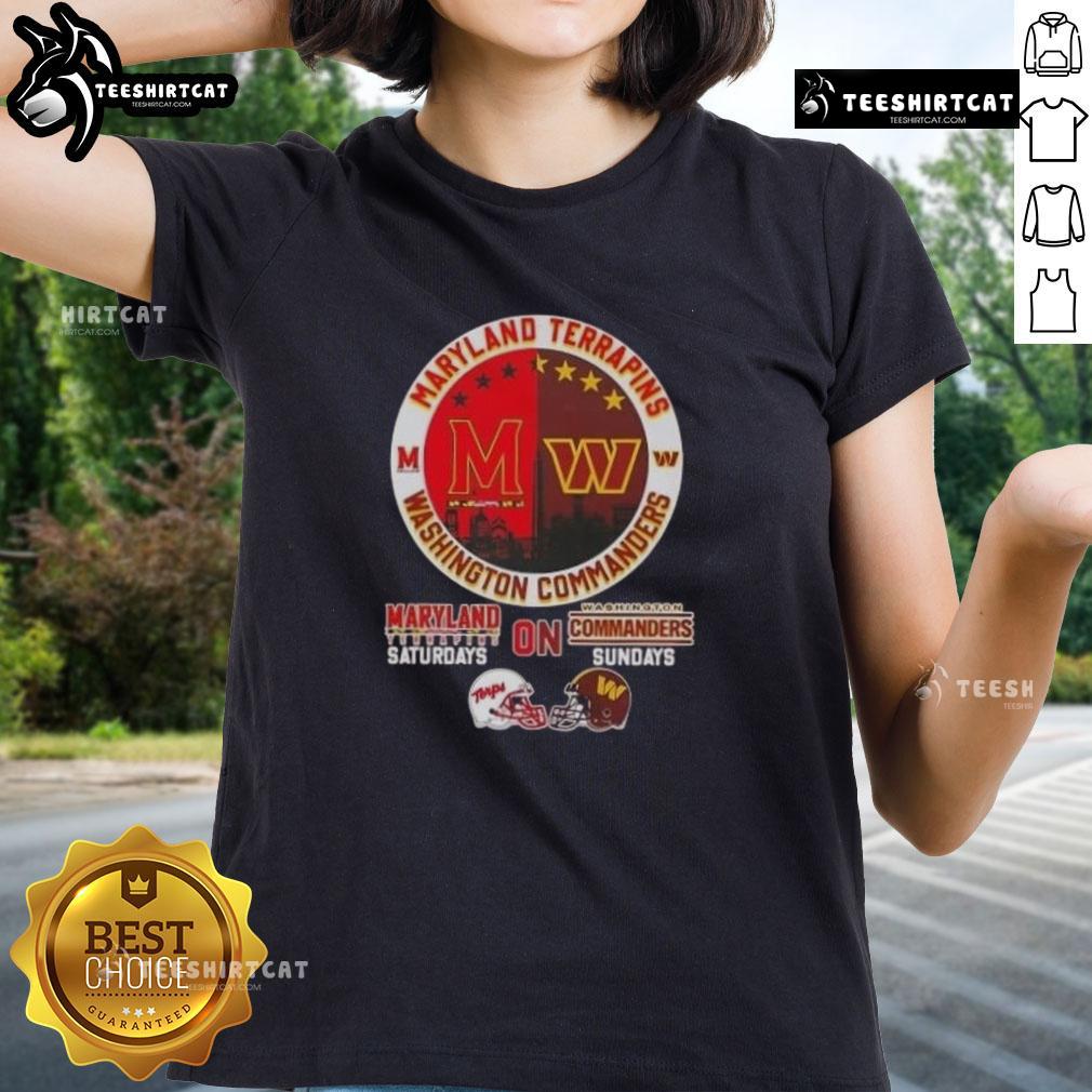 Premium Maryland Terrapins tee featuring football helmets and skyline design, perfect for Saturdays and Sundays.
