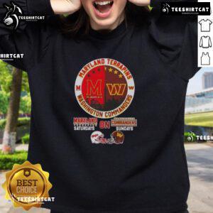Alt Text: Premium Maryland Terrapins and Washington Commanders football helmets skyline sweatshirt for game day style.