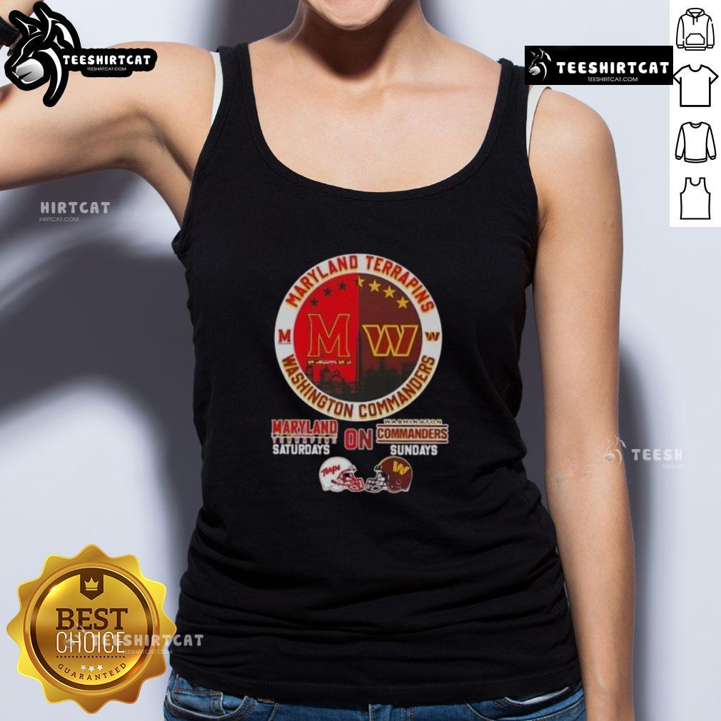 Premium Maryland Terrapins skyline tank top featuring football helmets for Saturdays and Washington Commanders Sundays.