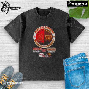 Alt Text: Premium Maryland Terrapins and Washington Commanders football helmets on a skyline washed t-shirt for game day.