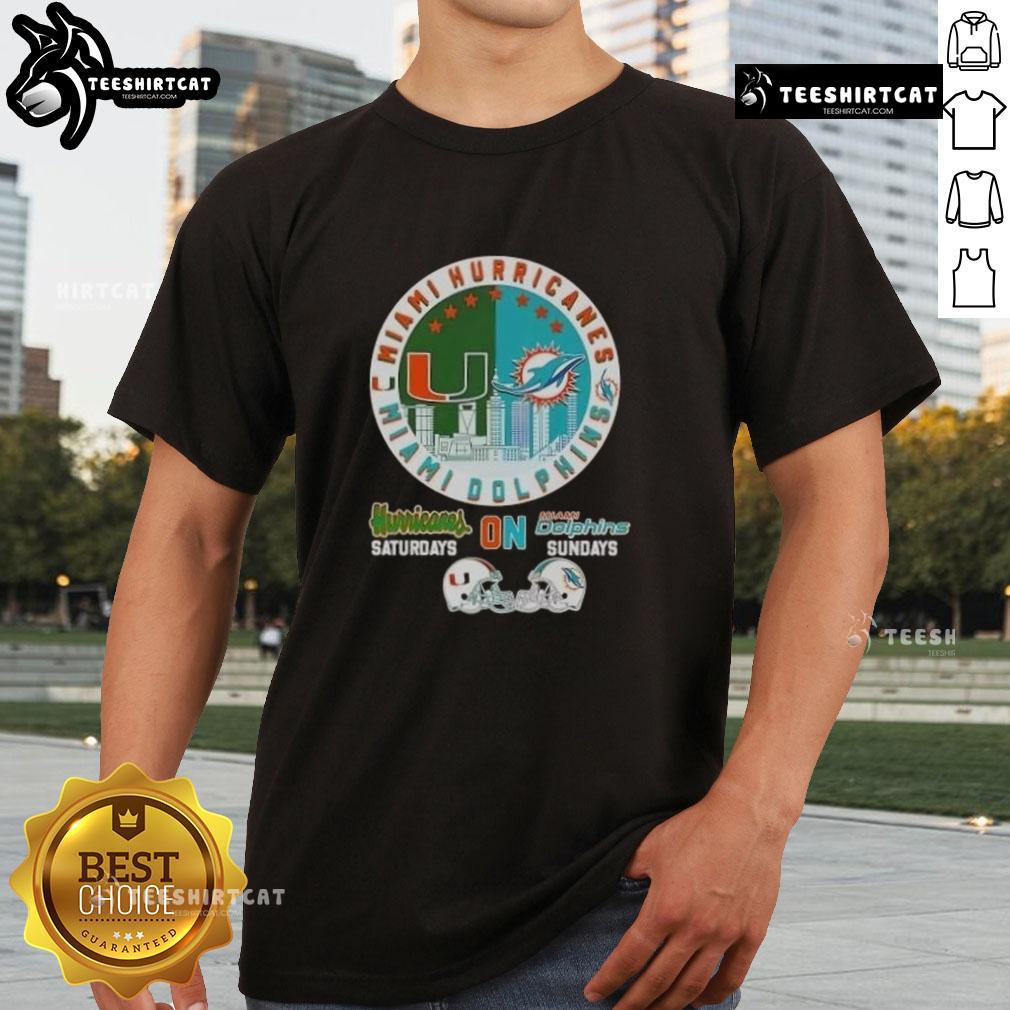 Premium Miami Sports Hurricanes and Dolphins football helmets graphic on skyline T-shirt for game day.