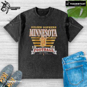 Alt Text: Premium Minnesota Golden Gophers Vintage Stripe Splash Washed T-Shirt featuring retro design and vibrant colors.