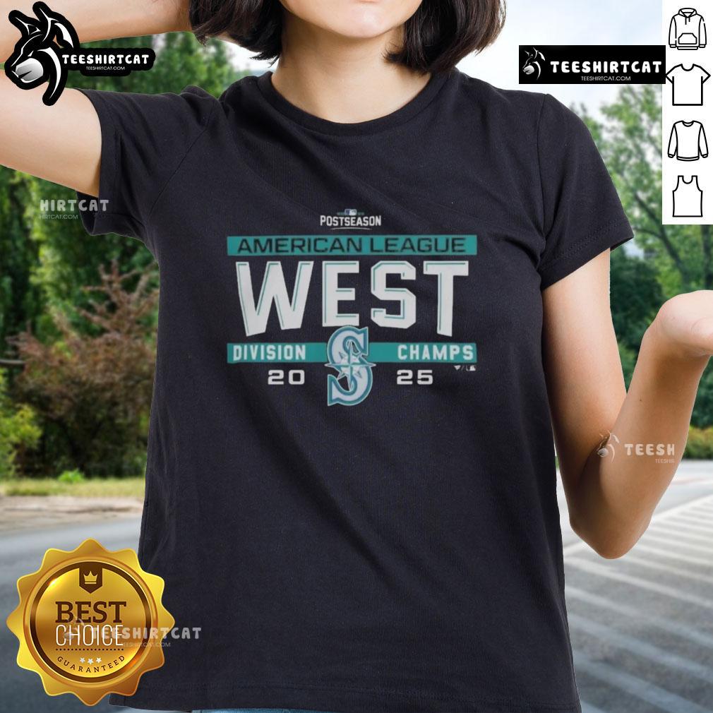 Alt Text: Premium Seattle Mariners MLB 2025 AL West Division Title postseason locker room team ladies tee shirt