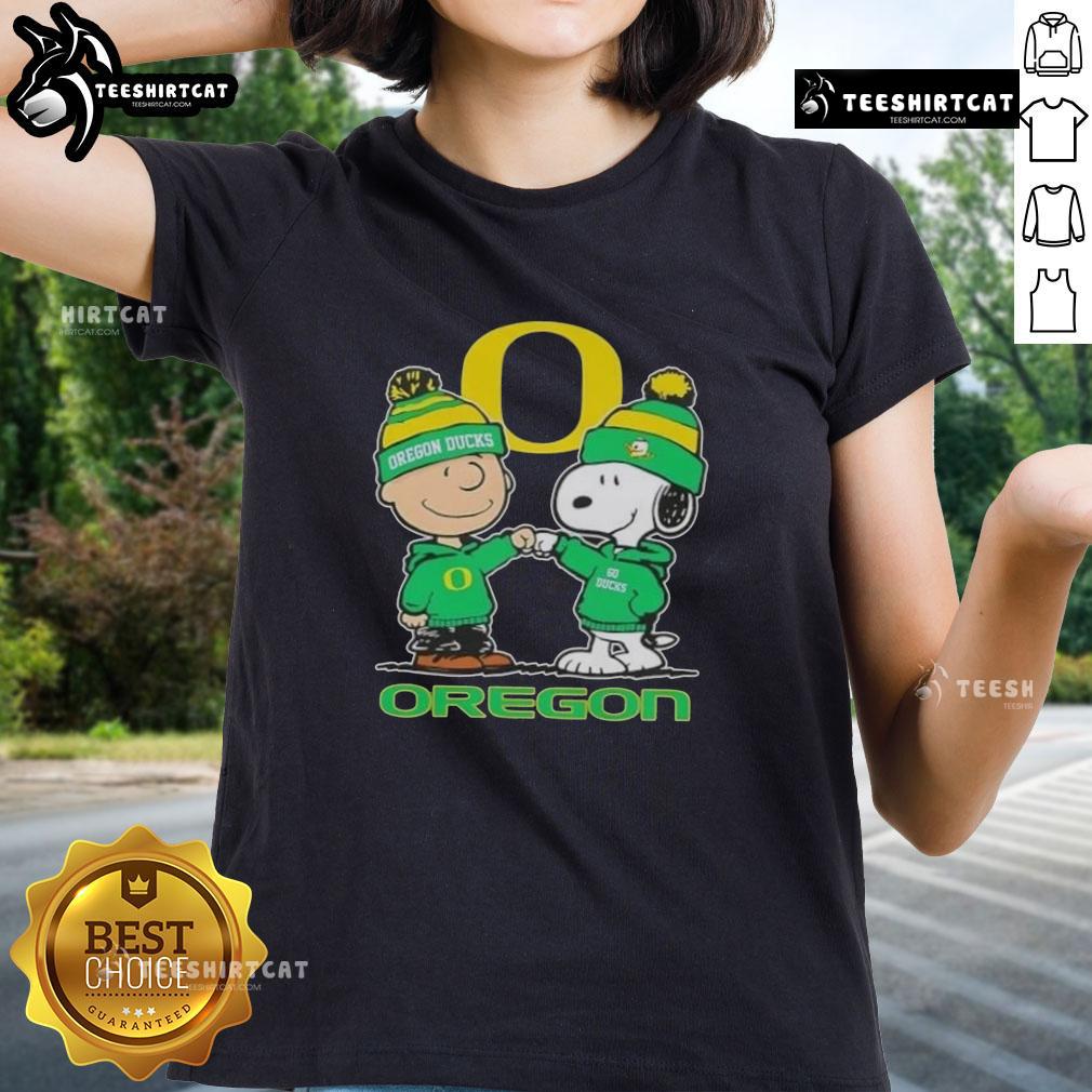 Alt Text: Premium Snoopy and Charlie Brown Oregon Ducks Football Skyline Ladies Tee featuring vibrant graphics and comfortable fit.