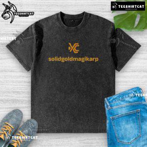 Alt Text: Premium Solid Gold Magikarp logo on a stylish washed t-shirt, perfect for Pokmon fans and casual wear enthusiasts.