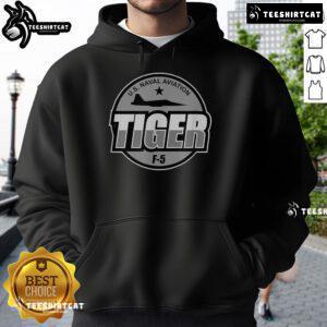 Alt Text: Premium U.S. Naval Aviation F-5 Tiger Jet hoodie featuring a military aircraft pilot design for aviation enthusiasts.