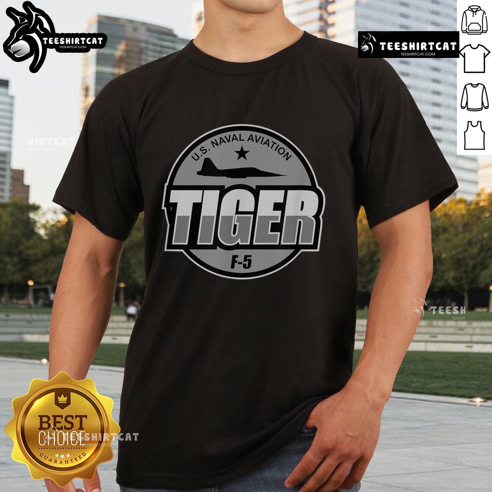 Premium U.S. Naval Aviation F-5 Tiger Jet pilot t-shirt featuring a sleek jet design, perfect for aviation enthusiasts.