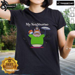 Pretty My Neighborino My Neighbor Totoro ladies tee featuring a whimsical Totoro design on a stylish shirt.