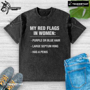 Stylish woman with purple and blue hair, wearing a 'My Red Flags in Women' washed t-shirt, showcasing modern fashion.
