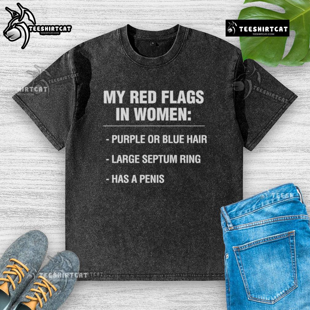 Stylish woman with purple and blue hair, wearing a 'My Red Flags in Women' washed t-shirt, showcasing modern fashion.