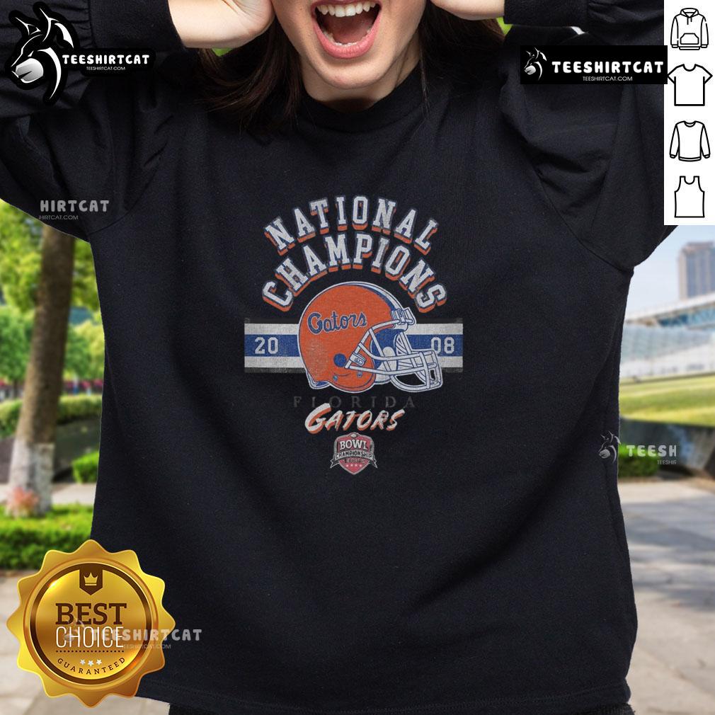 Top Florida Gators 2008 BCS National Champions sweatshirt featuring team logo and championship details.