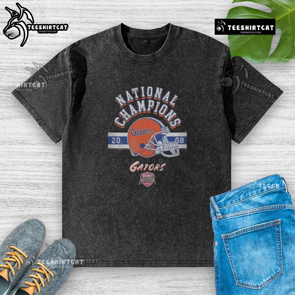 Top Florida Gators 2008 BCS National Champions washed t-shirt featuring team logo and championship graphics.