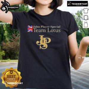 Top John Player Special Lotus F1 Team ladies tee featuring a stylish design and vibrant team colors for fans.