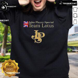 Alt Text: Top John Player Special Lotus F1 Team sweatshirt in black with iconic logo, perfect for motorsport fans.