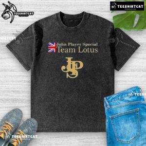 Alt Text: Top John Player Special Lotus F1 Team washed t-shirt featuring iconic branding and vintage design.