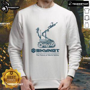 Awesome Skynet sweatshirt showcasing futuristic design for world safety, perfect for tech enthusiasts and fashion lovers.