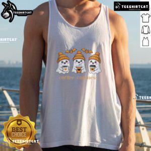 Alt Text: Cute ghosts design on a spooky Halloween tank top, perfect for festive coffee lovers and Halloween enthusiasts.