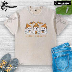 Alt Text: Cute ghosts design on a spooky coffee-themed Halloween washed t-shirt, perfect for festive fall fashion.