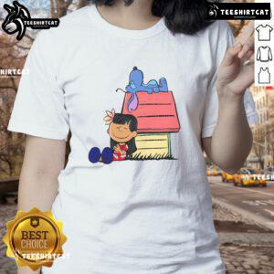 Cute Peanuts Snoopy X Stitch tee featuring 'It Means Nobody Gets Left Behind' for ladies, perfect for casual wear.