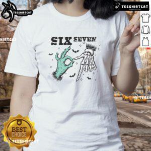 Funny Halloween meme featuring a witch with skeleton hands on a ladies' tee, perfect for spooky season style.