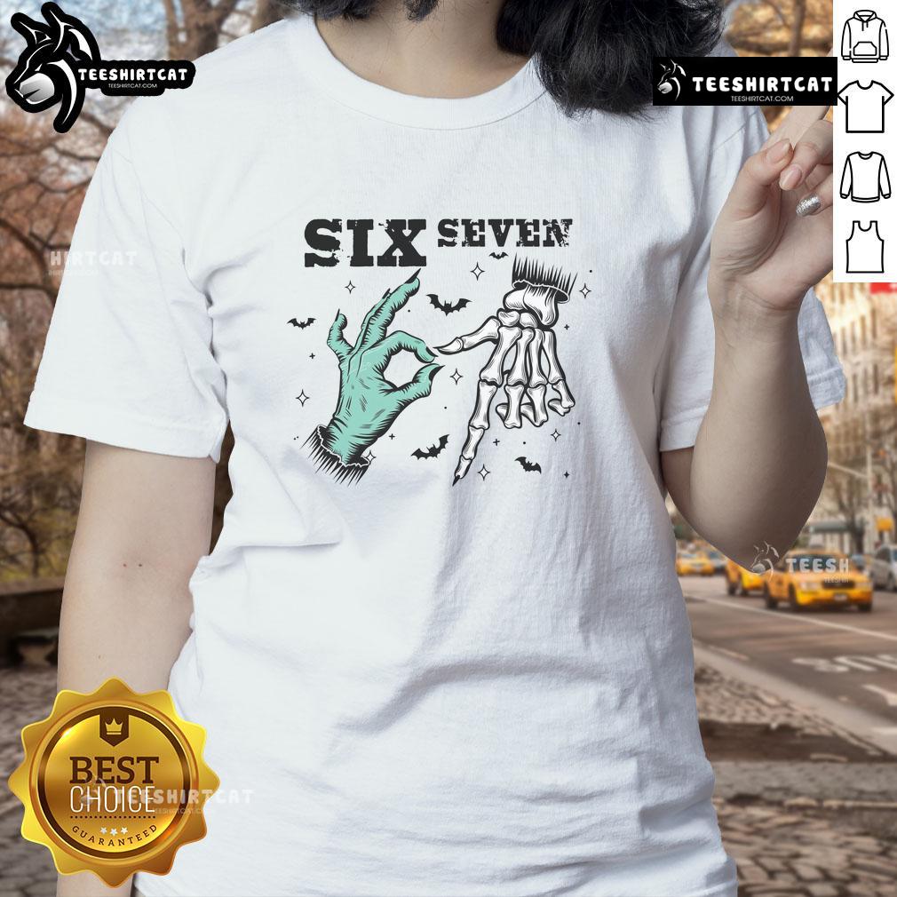Funny Halloween meme featuring a witch with skeleton hands on a ladies' tee, perfect for spooky season style.