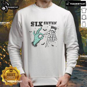 Funny Halloween sweatshirt featuring a witch skeleton with hands, perfect for spooky season and meme lovers.