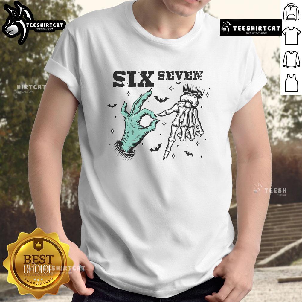 Alt Text: Funny 6 7 meme witch skeleton hands Halloween T-shirt design featuring playful skeletons in spooky style.