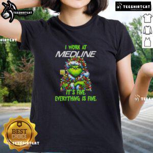 Funny Grinch Christmas Tree tee for ladies: 'I Work At It's Fine, Everything Is Fine' design for festive humor.