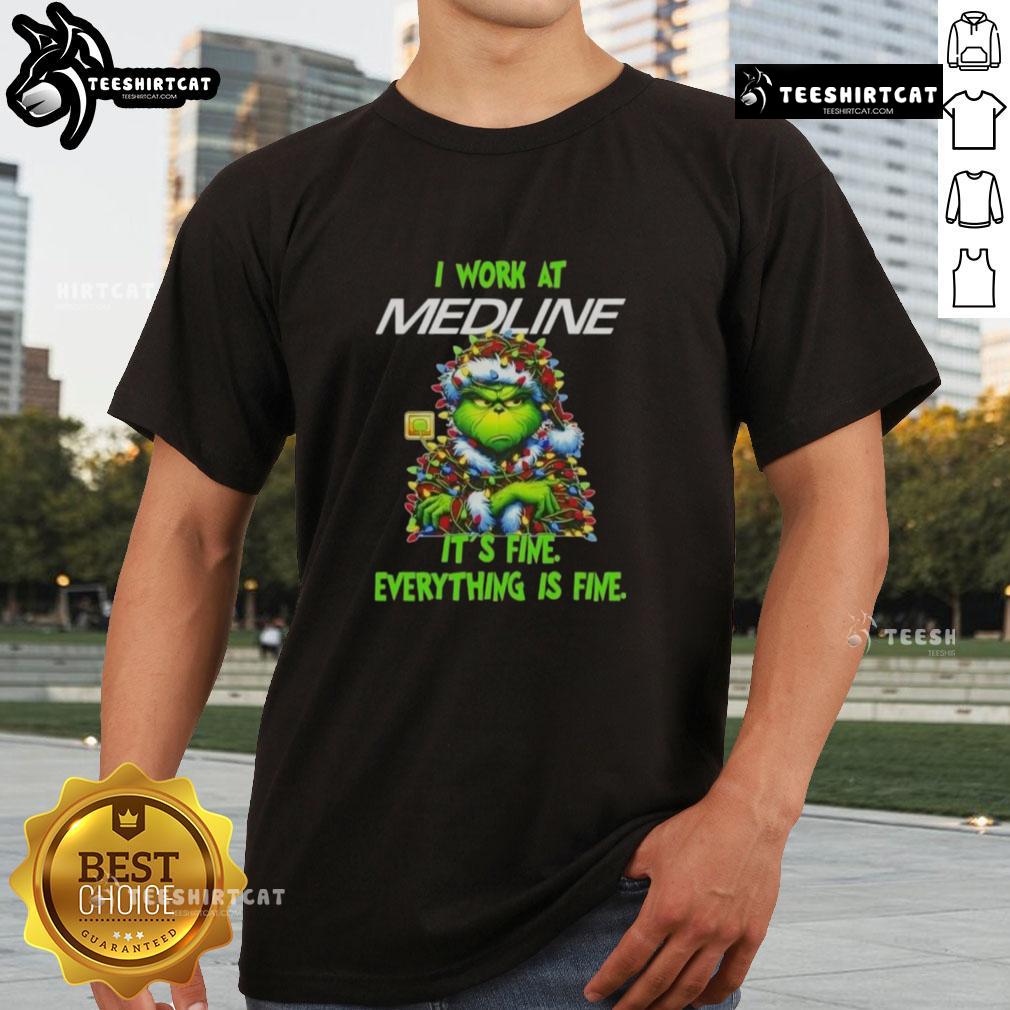Alt Text: Funny Grinch Christmas Tree t-shirt featuring I Work At It's Fine Everything Is Fine slogan for holiday cheer.