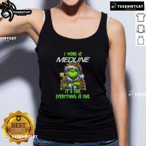 Alt Text: Funny Grinch Christmas tree tank top with I work at it's fine everything is fine design for festive humor.