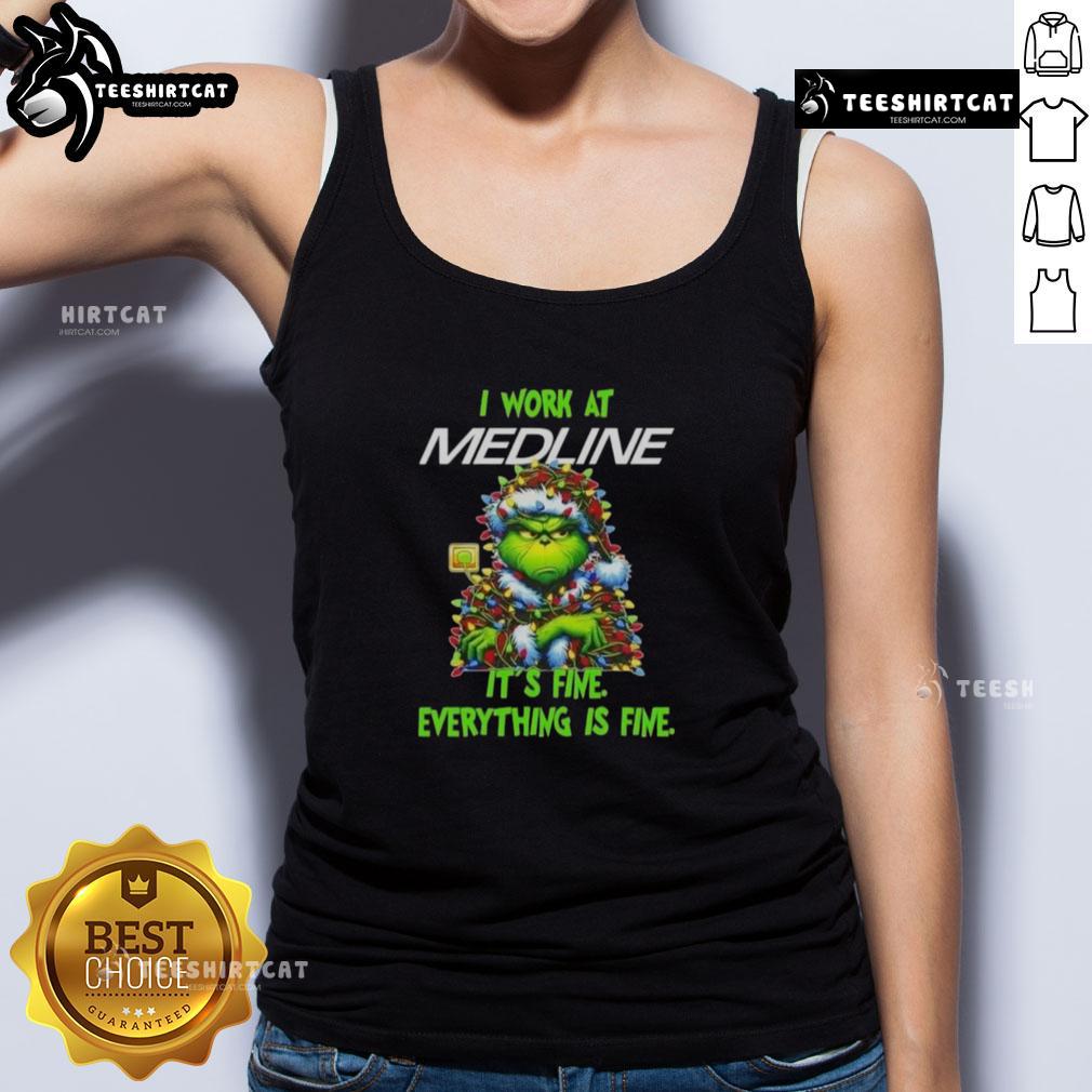 Alt Text: Funny Grinch Christmas tree tank top with I work at it's fine everything is fine design for festive humor.