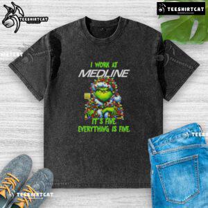 Funny Grinch Christmas Tree t-shirt with 'I work at it's fine, everything is fine' slogan for festive humor.
