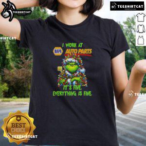 Funny Grinch Christmas Tree tee from Napa Auto Parts: 'I Work At It's Fine Everything Is Fine' design for a festive vibe.