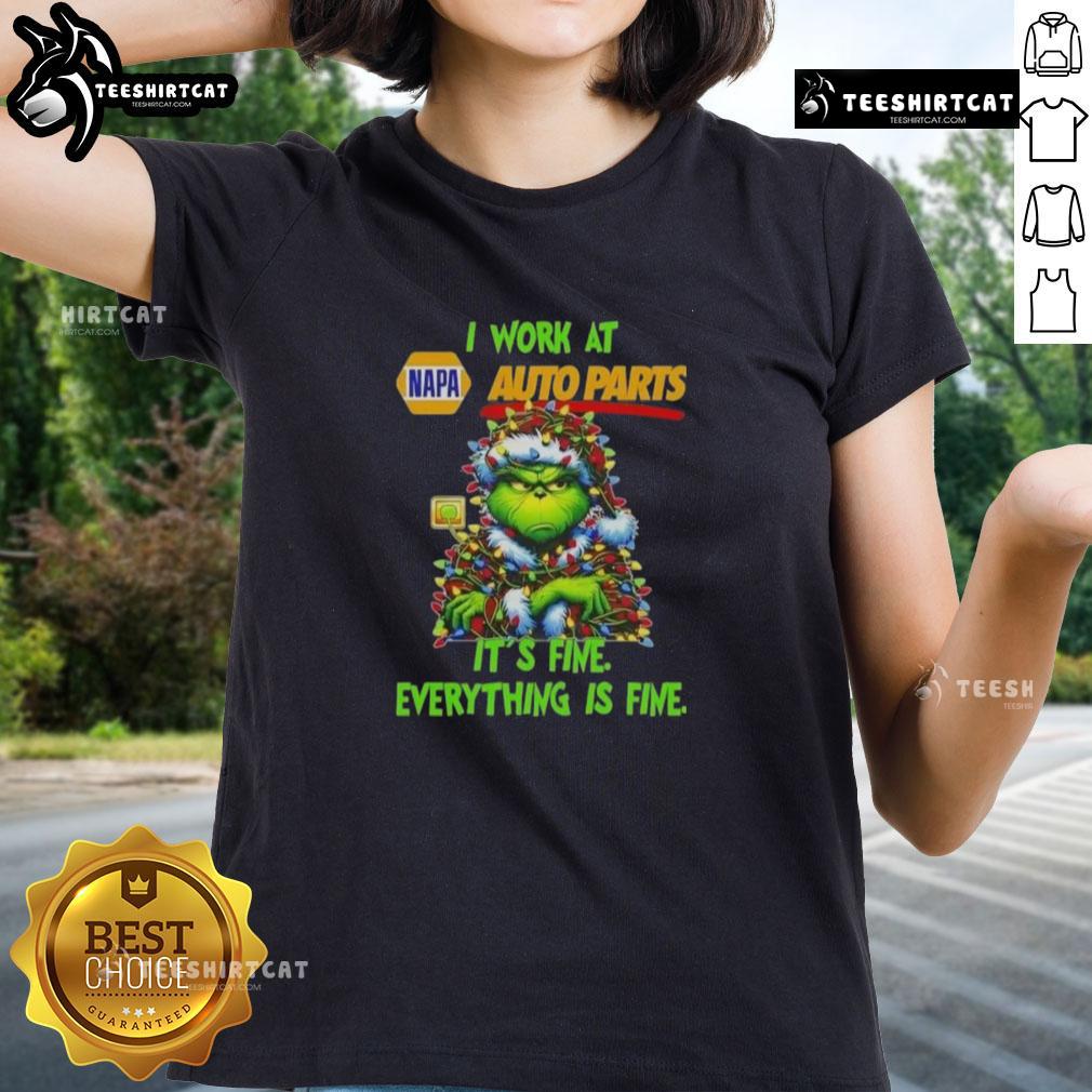 Funny Grinch Christmas Tree tee from Napa Auto Parts: 'I Work At It's Fine Everything Is Fine' design for a festive vibe.