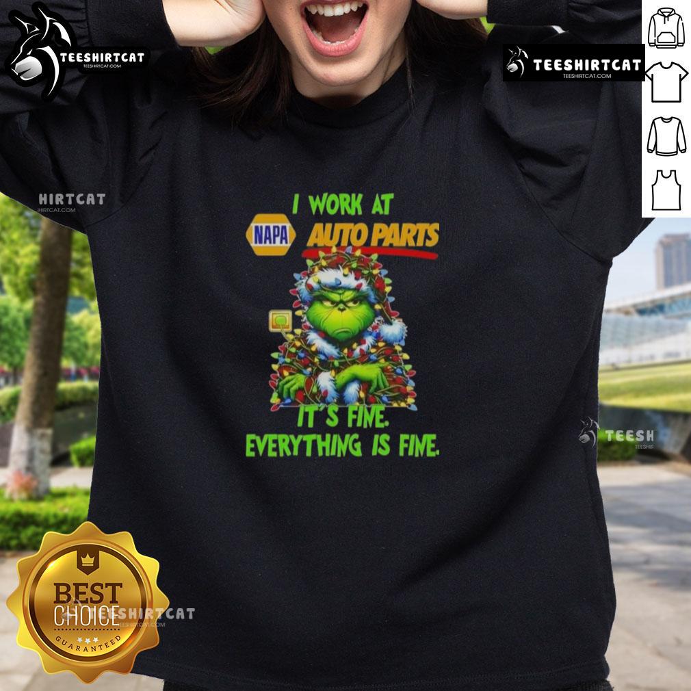 Funny Grinch Christmas Tree sweatshirt from Napa Auto Parts with 'It's Fine, Everything is Fine' quote for festive humor.