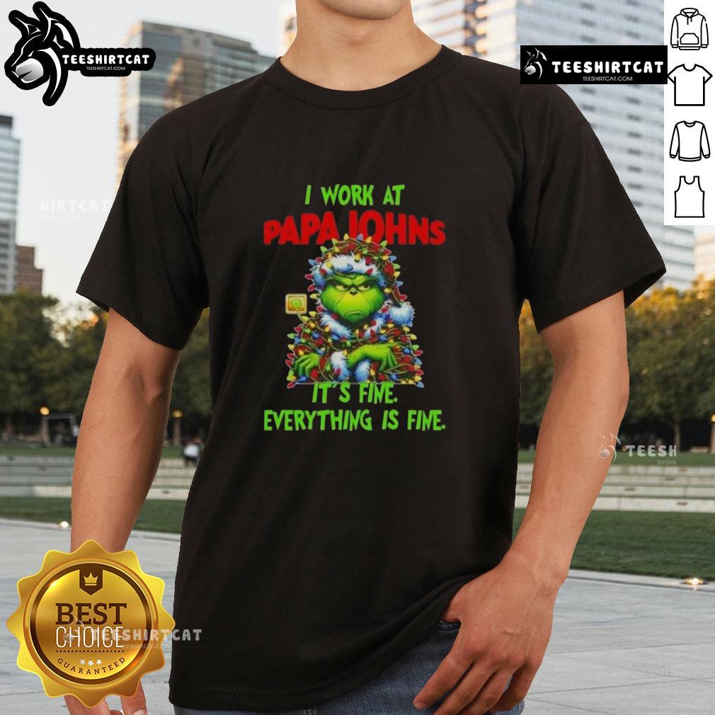 Funny Grinch Christmas Tree T-Shirt featuring Papa John's Pizza slogan 'It's Fine, Everything Is Fine' for holiday cheer.