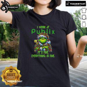 Funny Grinch Christmas tree design on a ladies tee, featuring the text 'It's fine, everything is fine' for holiday cheer.