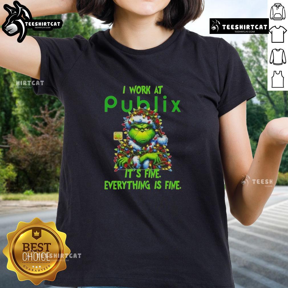 Funny Grinch Christmas tree design on a ladies tee, featuring the text 'It's fine, everything is fine' for holiday cheer.