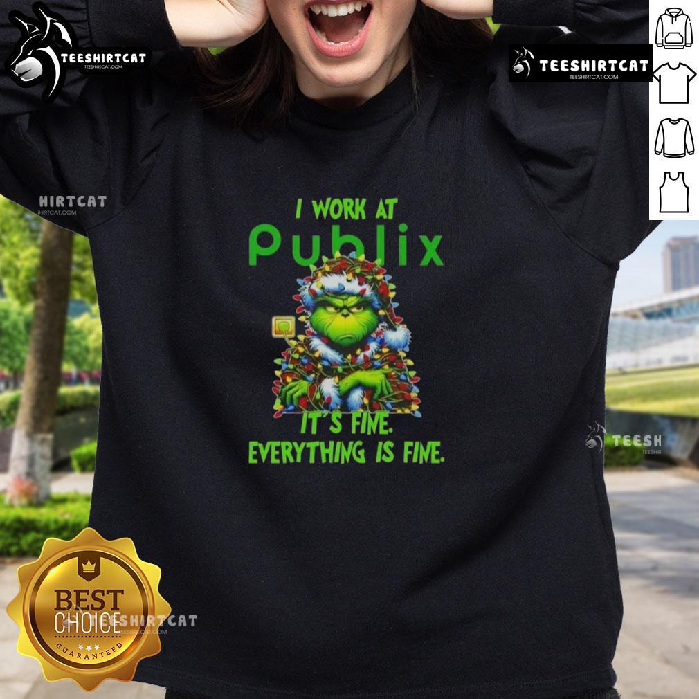 Alt Text: Funny Grinch Christmas tree sweatshirt from Publix, featuring the phrase It's fine, everything is fine for holiday humor.