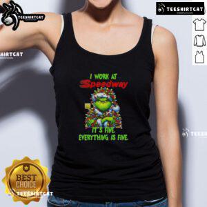 Alt Text: Funny Grinch Christmas tree tank top design featuring It's fine, everything is fine slogan for holiday cheer.