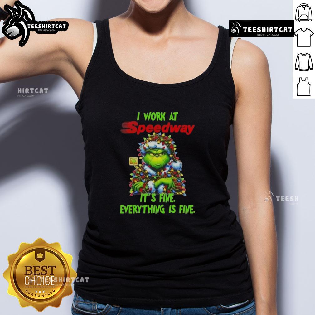 Alt Text: Funny Grinch Christmas tree tank top design featuring It's fine, everything is fine slogan for holiday cheer.