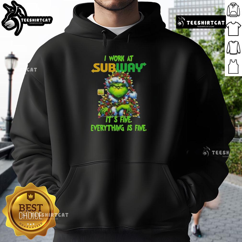 Funny Grinch Christmas Tree hoodie with 'It's fine, everything is fine' design, perfect for holiday cheer at the subway.