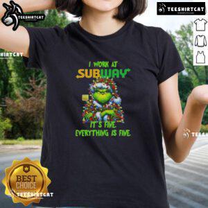 Funny Grinch Christmas tree design on a ladies tee, featuring It's fine, everything is fine text, perfect for holiday cheer.