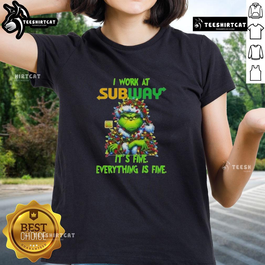 Funny Grinch Christmas tree design on a ladies tee, featuring It's fine, everything is fine text, perfect for holiday cheer.