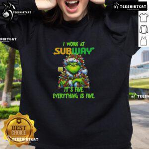 Funny Grinch Christmas Tree sweatshirt featuring 'It's Fine, Everything is Fine' text, perfect for holiday cheer.