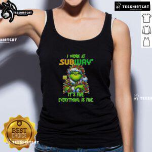 Alt Text: Funny Grinch Christmas tree tank top design featuring a humorous It's fine, everything is fine quote. Perfect for holiday cheer!