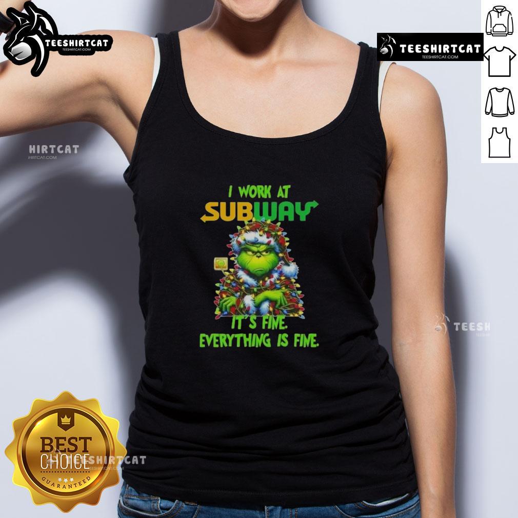Alt Text: Funny Grinch Christmas tree tank top design featuring a humorous It's fine, everything is fine quote. Perfect for holiday cheer!